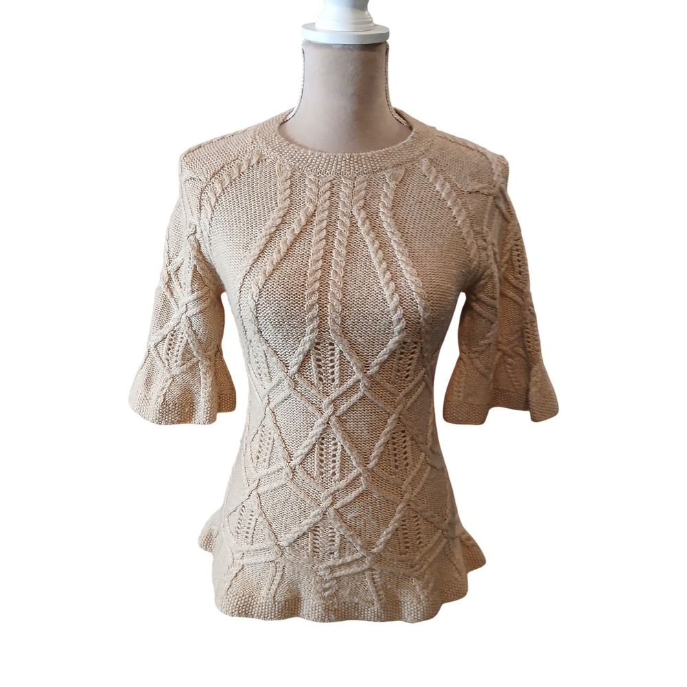 Vtg Moda International Womens Tan Cable Knit Sweater 3/4 Bell Sleeve Coquette S